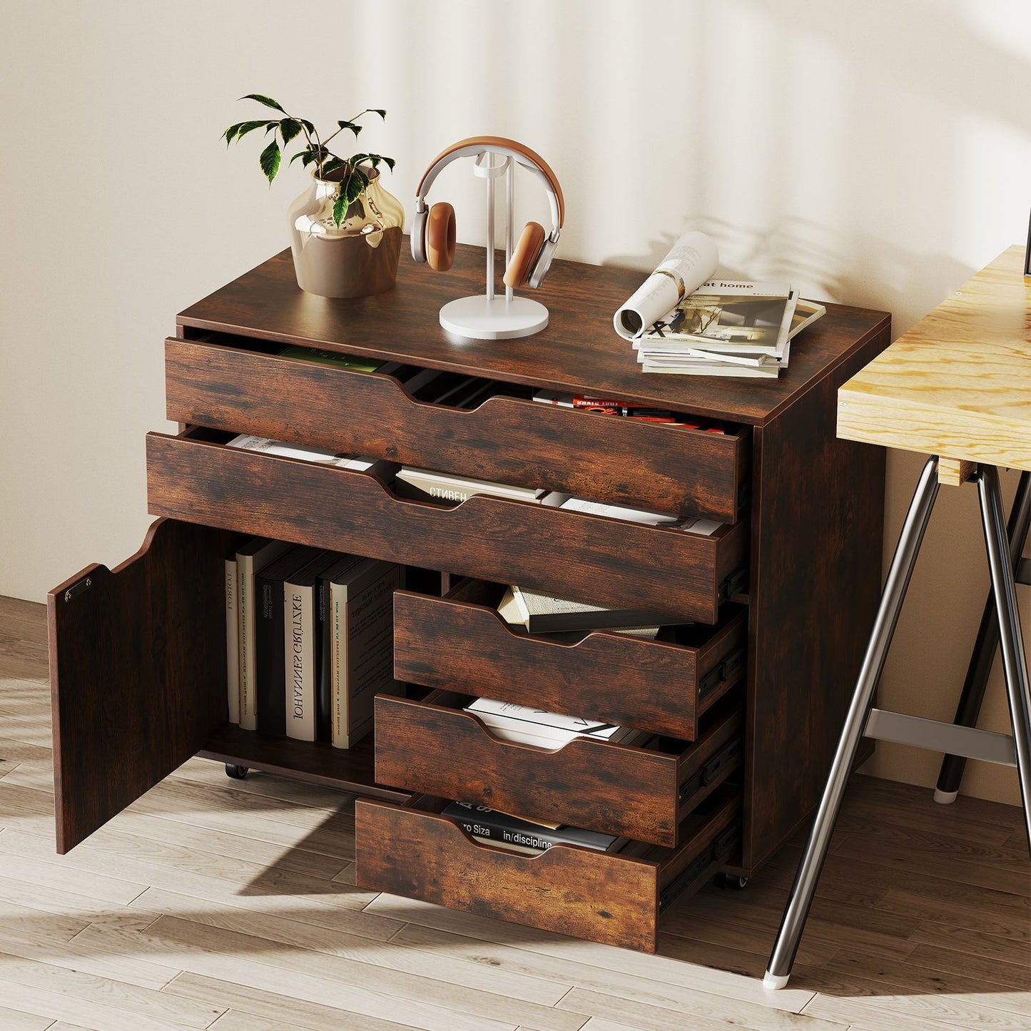 Modern Vertical 5-Drawer Mobile Chest with Door 5 Casters