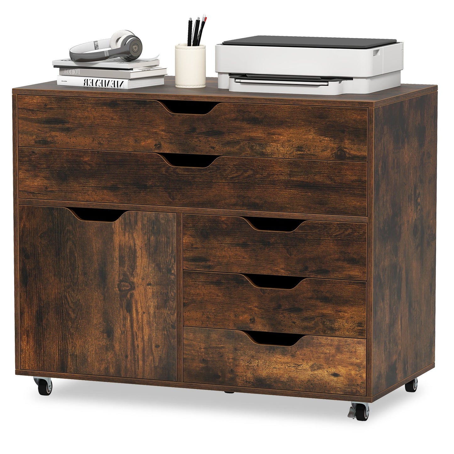 Modern Vertical 5-Drawer Mobile Chest with Door 5 Casters