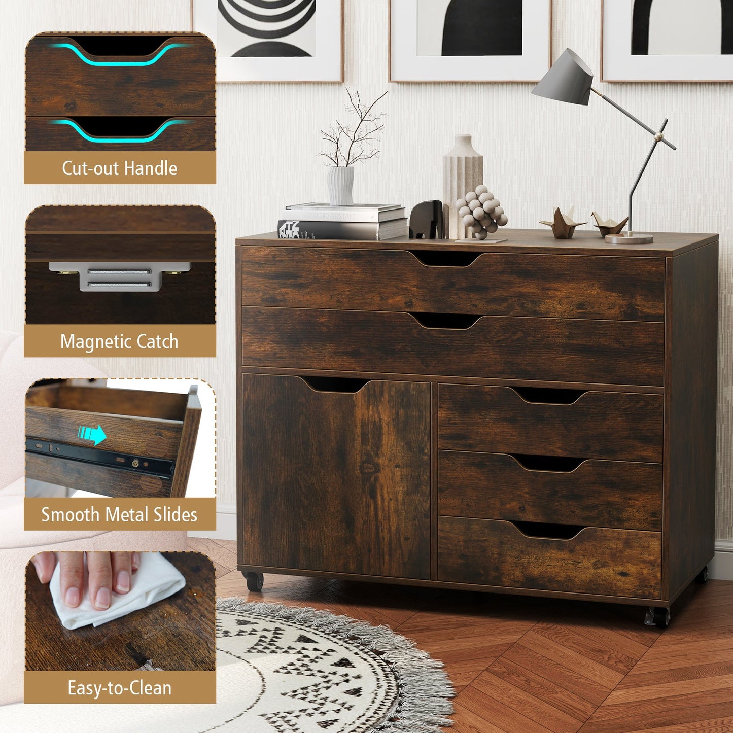 Modern Vertical 5-Drawer Mobile Chest with Door 5 Casters