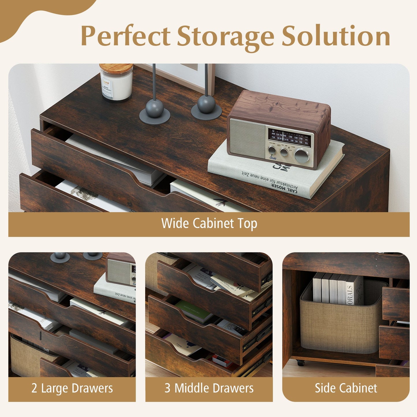Modern Vertical 5-Drawer Mobile Chest with Door 5 Casters