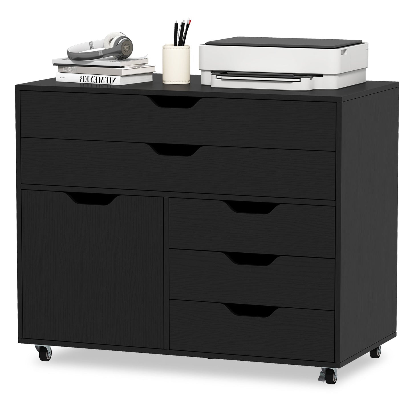 Modern Vertical 5-Drawer Mobile Chest with Door 5 Casters