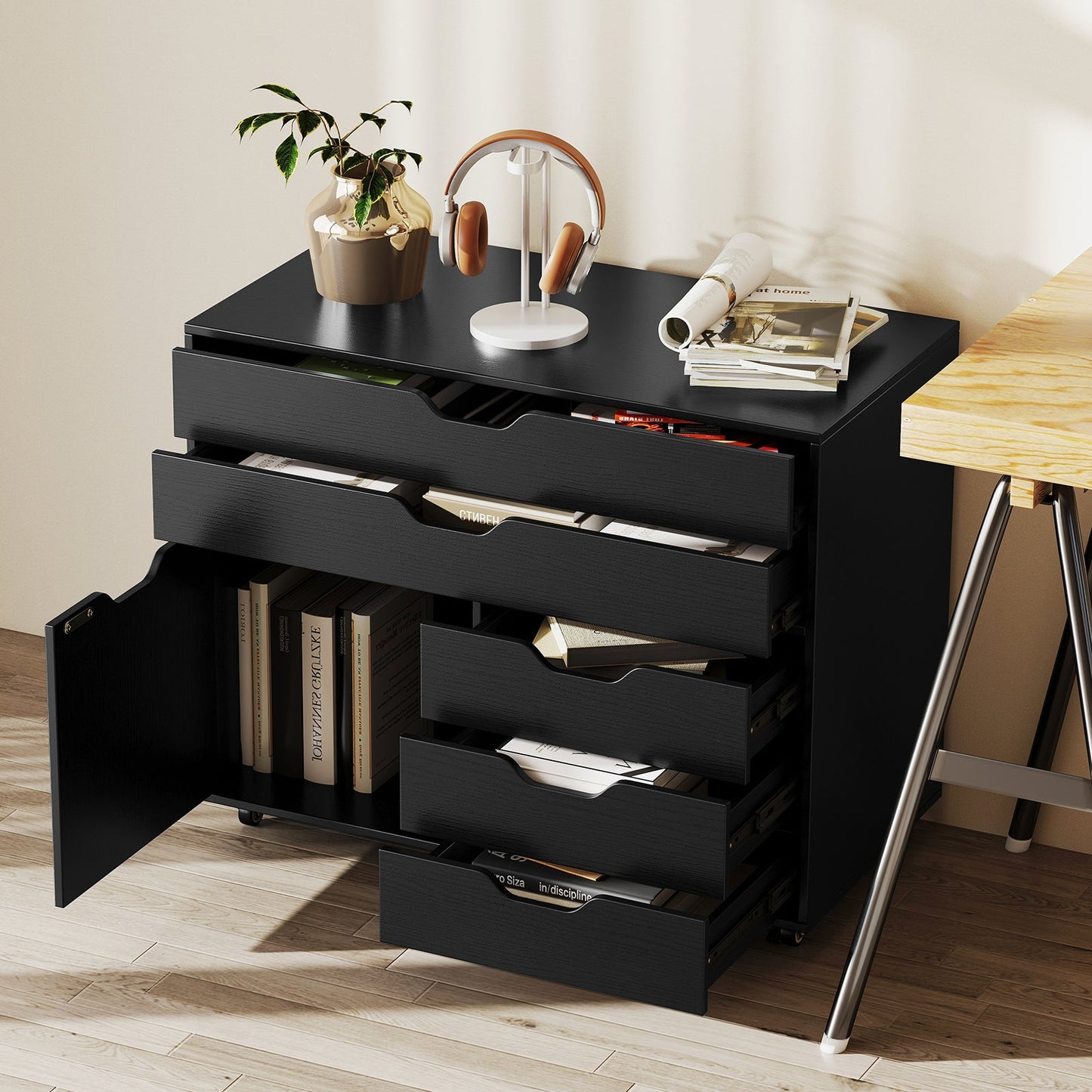 Modern Vertical 5-Drawer Mobile Chest with Door 5 Casters