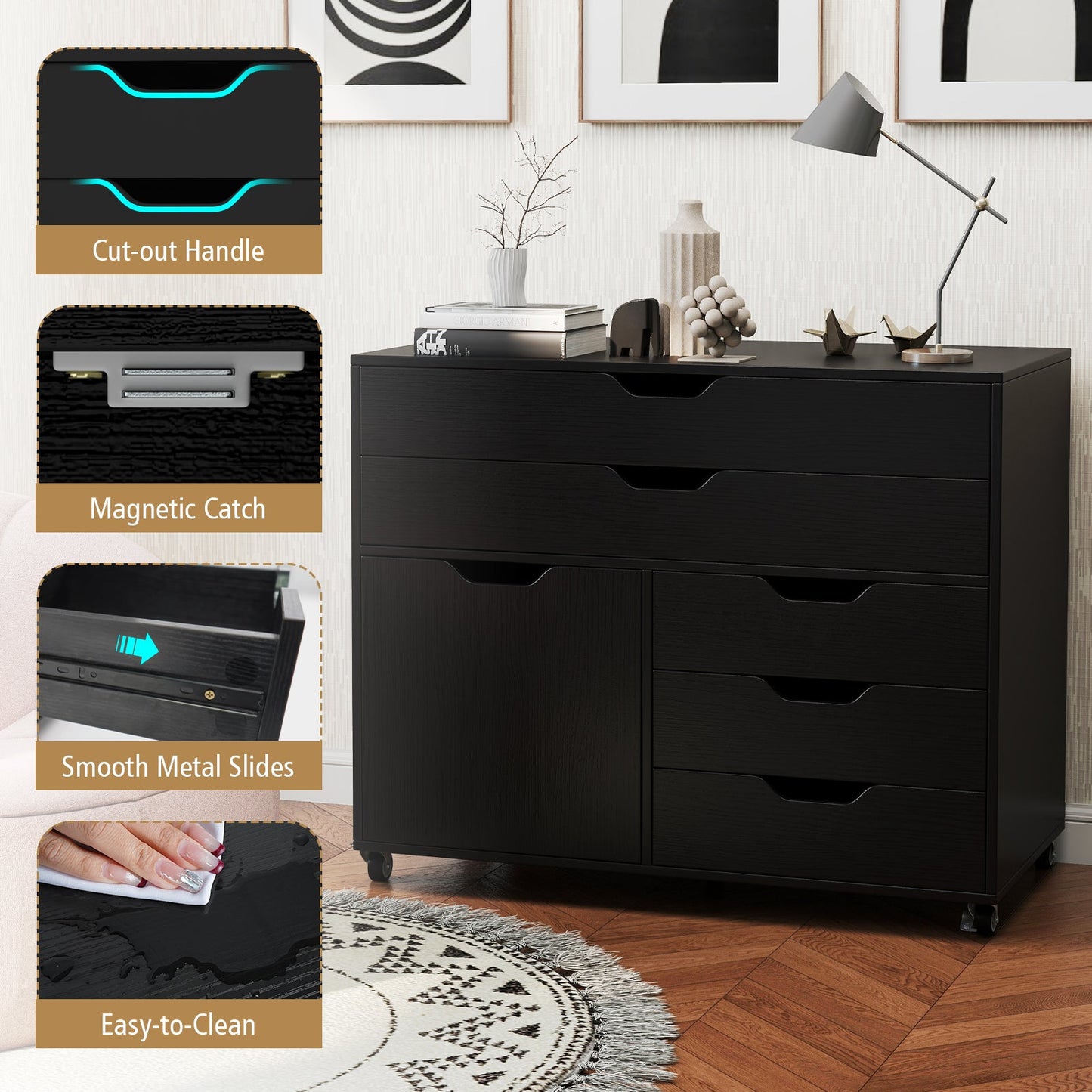Modern Vertical 5-Drawer Mobile Chest with Door 5 Casters