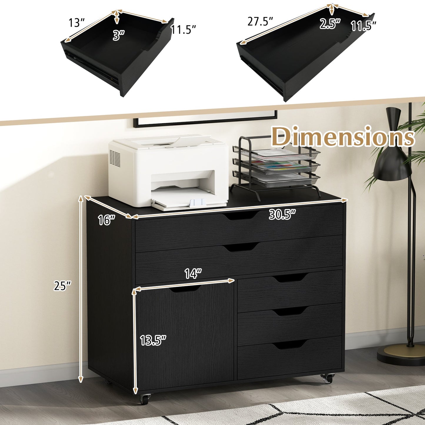 Modern Vertical 5-Drawer Mobile Chest with Door 5 Casters