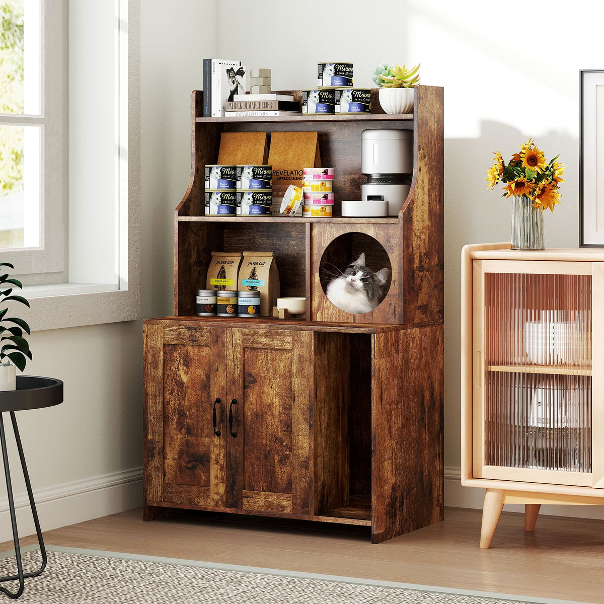 Modern Wooden Industrial Cat Litter Box Enclosure with Storage Shelves-Brown