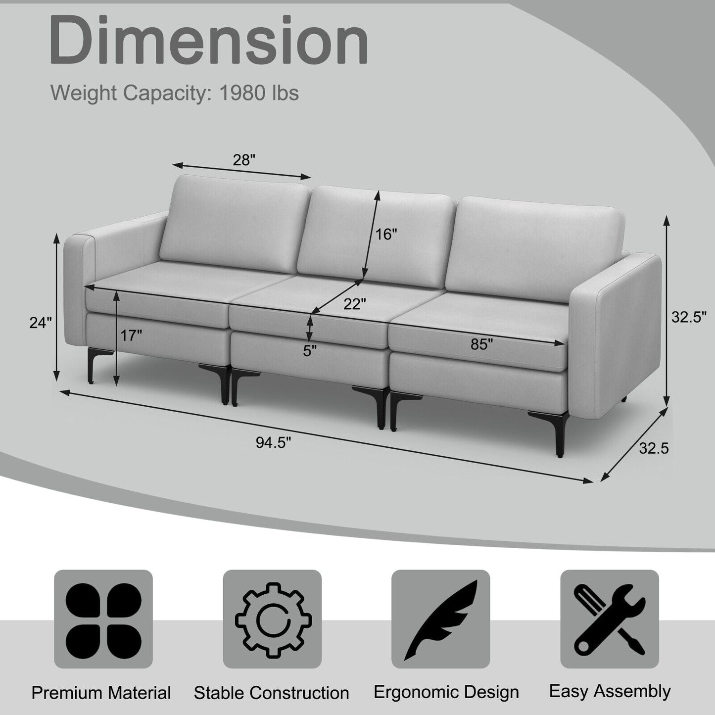 3-Seat Sectional Sofa Couch with Armrest Magazine Pocket and Metal Leg