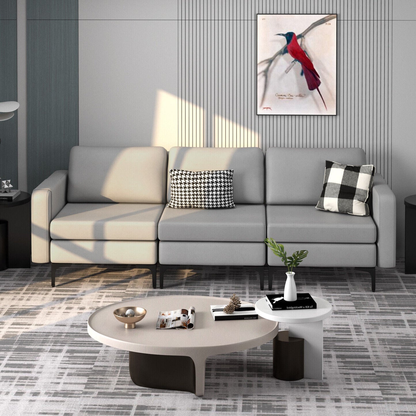 3-Seat Sectional Sofa Couch with Armrest Magazine Pocket and Metal Leg