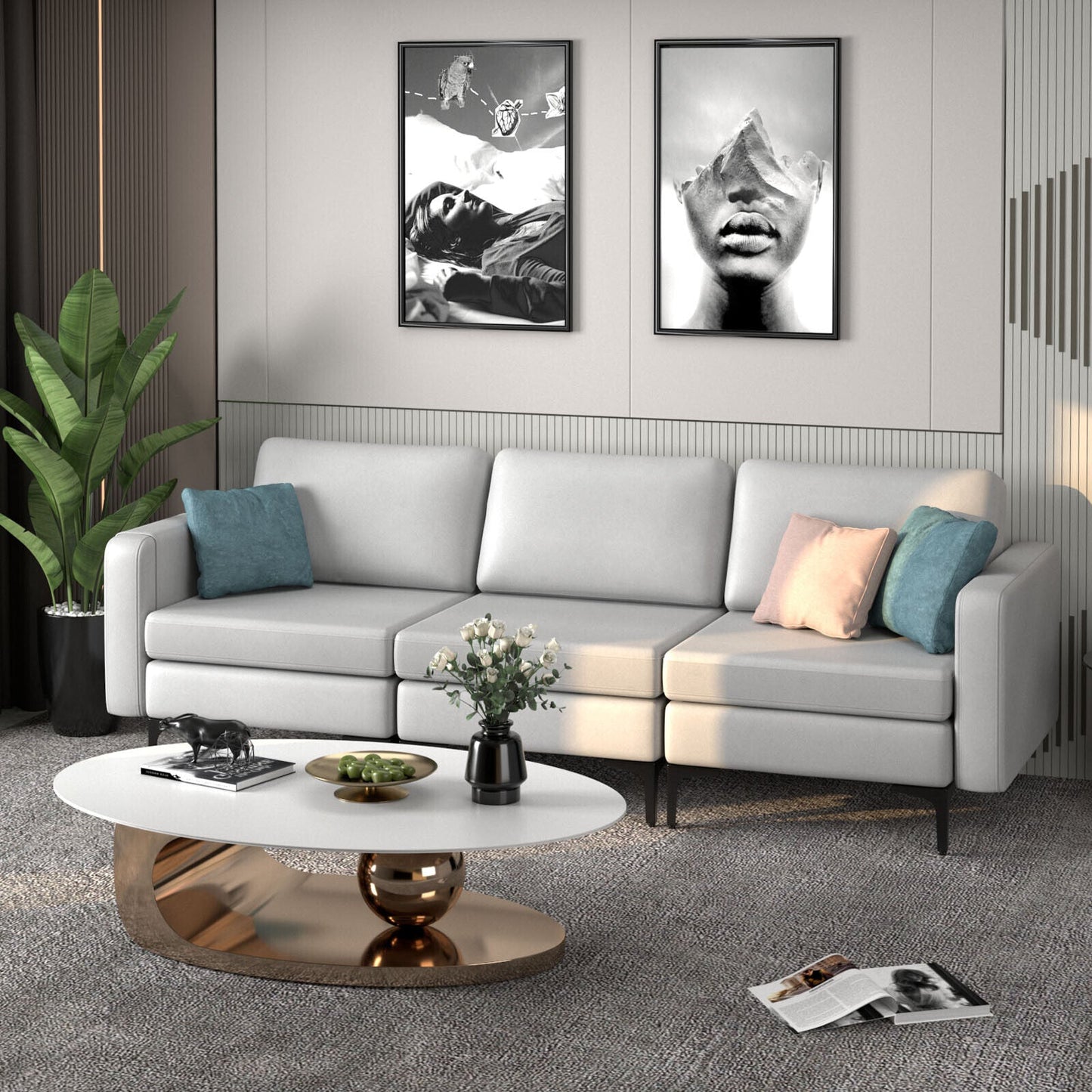 3-Seat Sectional Sofa Couch with Armrest Magazine Pocket and Metal Leg