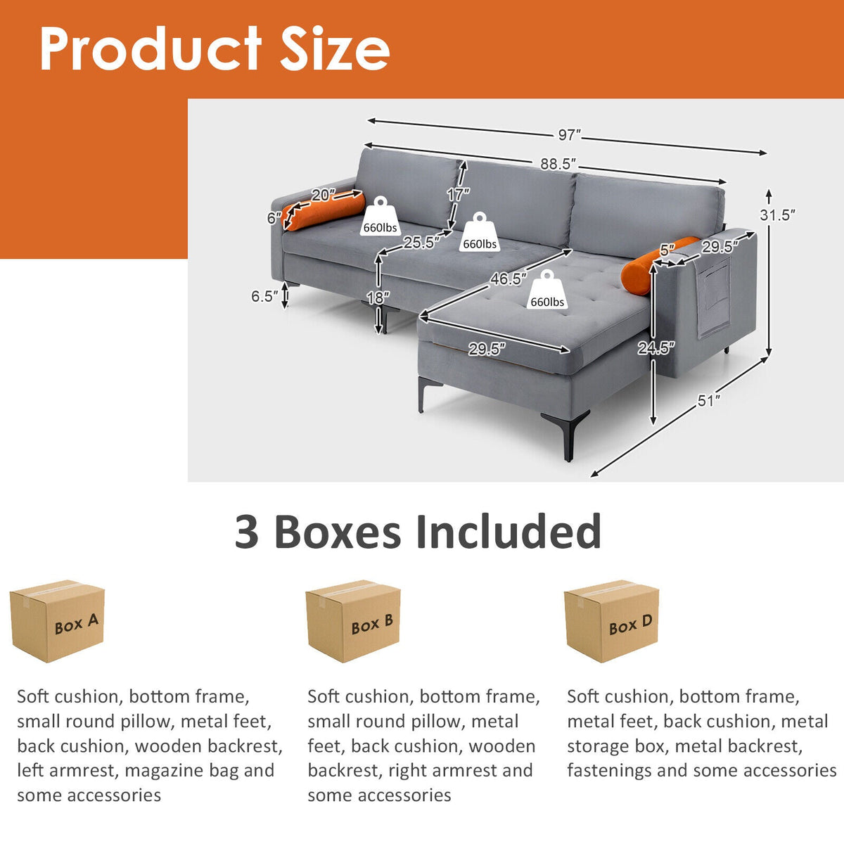 3-Seat L-Shaped Sectional Sofa with USB Ports & Storage