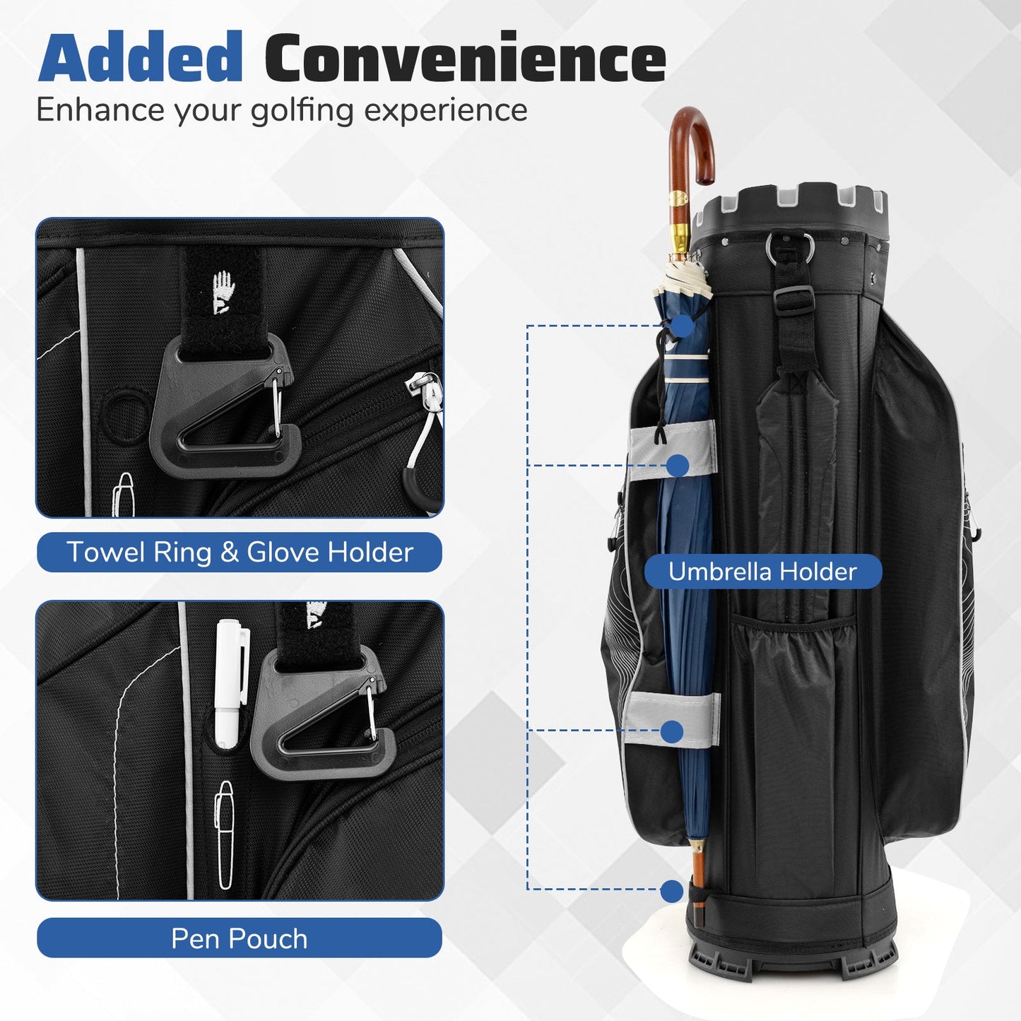 Molded Lock Top Golf Cart Bag with 14-Way Full Length Dividers and 11 Pockets