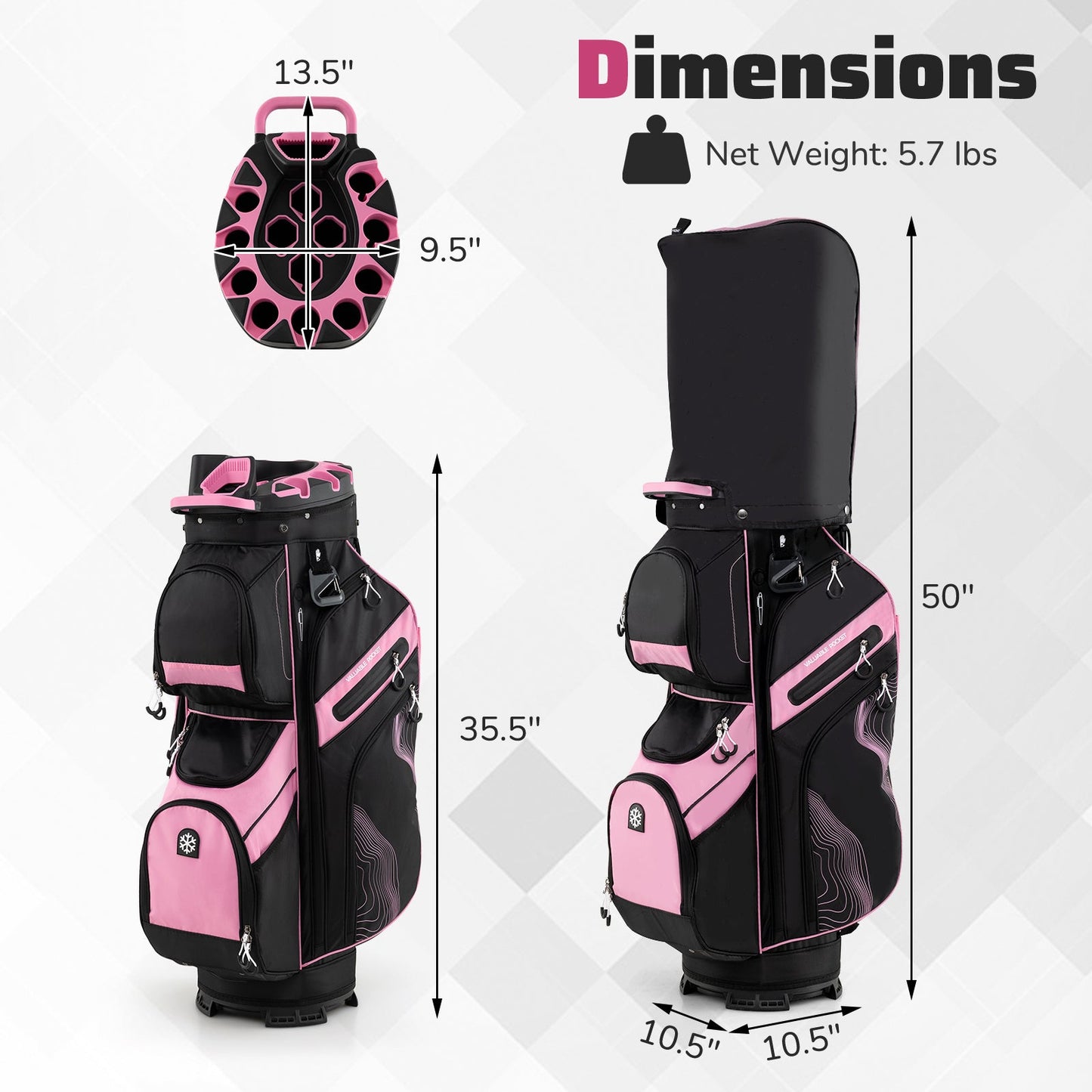 Molded Lock Top Golf Cart Bag with 14-Way Full Length Dividers and 11 Pockets