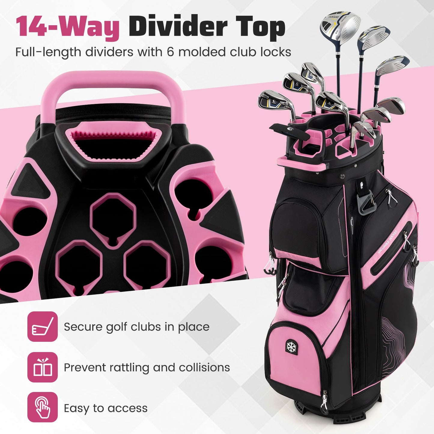 Molded Lock Top Golf Cart Bag with 14-Way Full Length Dividers and 11 Pockets