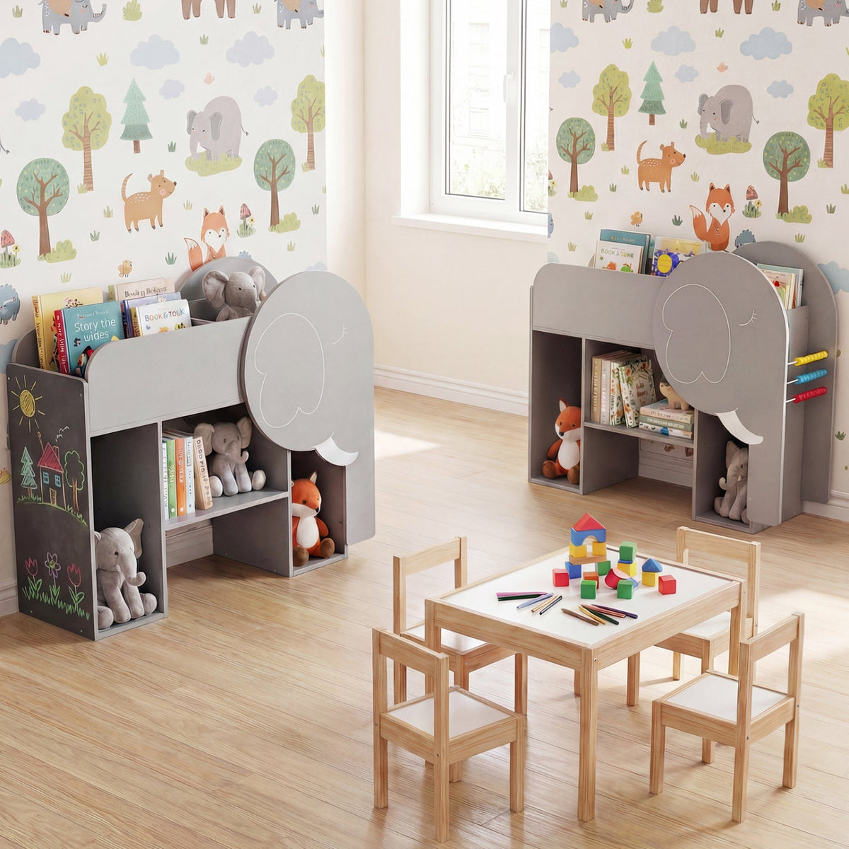 Montessori Bookshelf with Elephant Shape 3-Tier Toddler Toy Storage Organizer-Grey