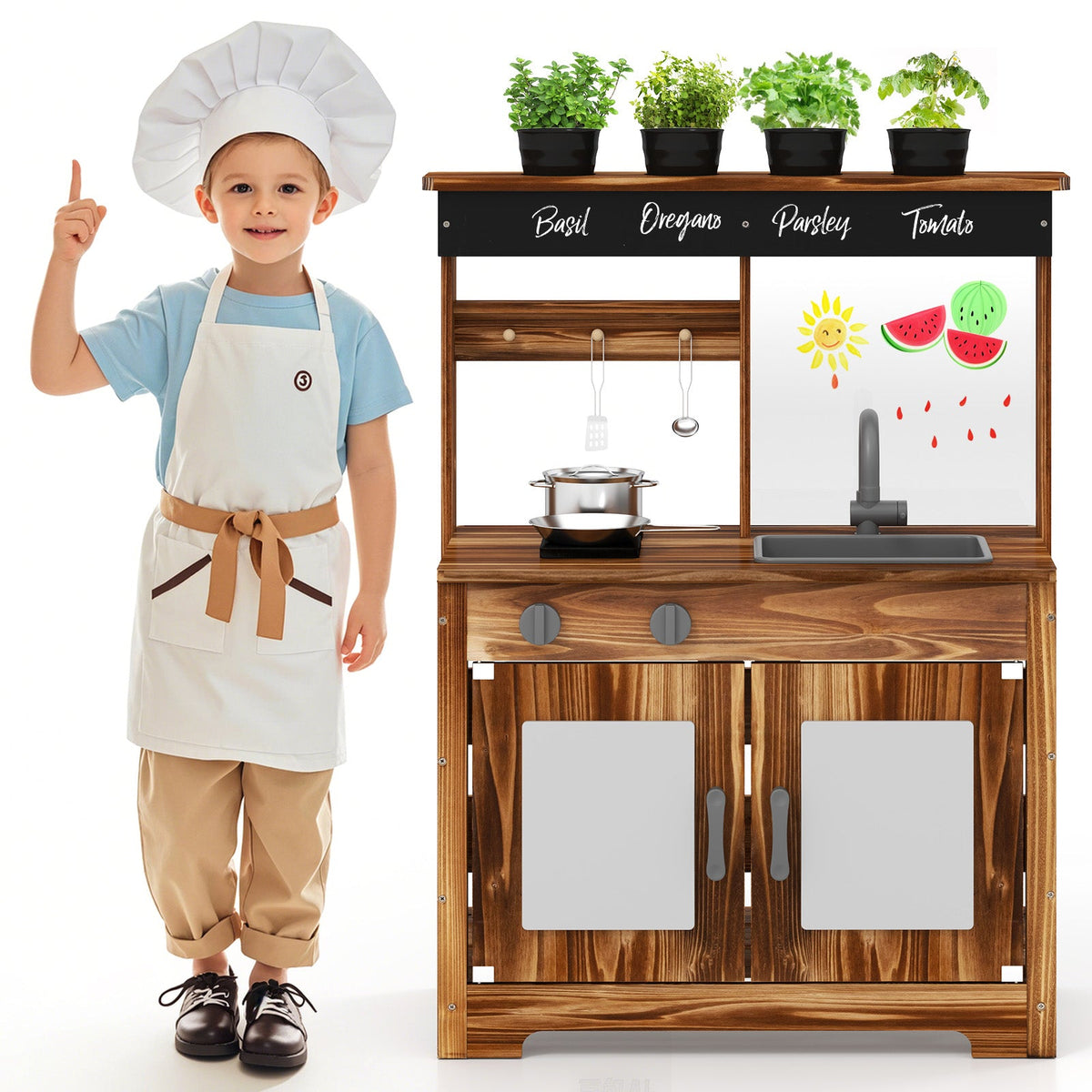 Mud Kitchen Fir Wood Play Kitchen with 4 Panting Pots Faucet Removable Sink-Natural