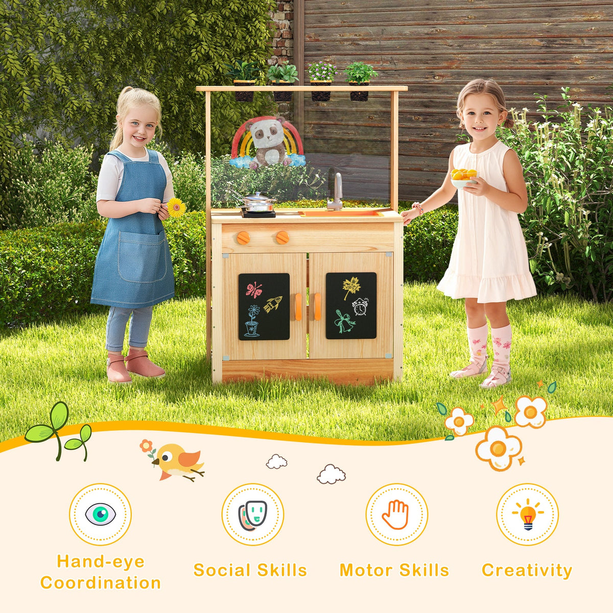 Kids Mud Kitchen Fir Wood Playset with Planting Pots and Blackboards-Natural