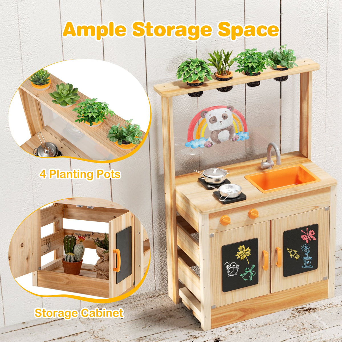 Kids Mud Kitchen Fir Wood Playset with Planting Pots and Blackboards-Natural