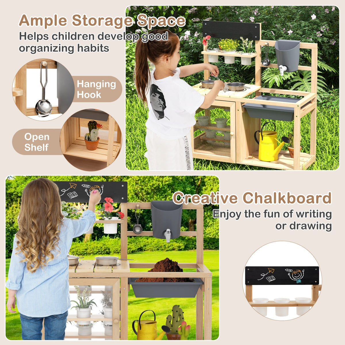 Mud Kitchen Playset with Sink and Plants Observation Room-Natural