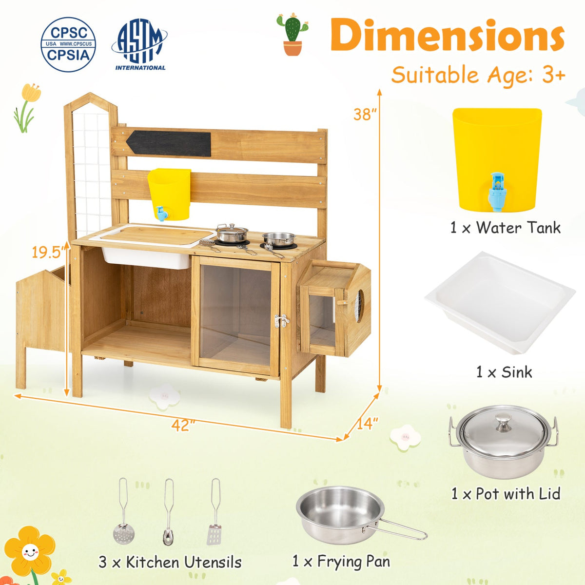 Wooden Mud Kitchen for Kids with Detachable Bird Cage