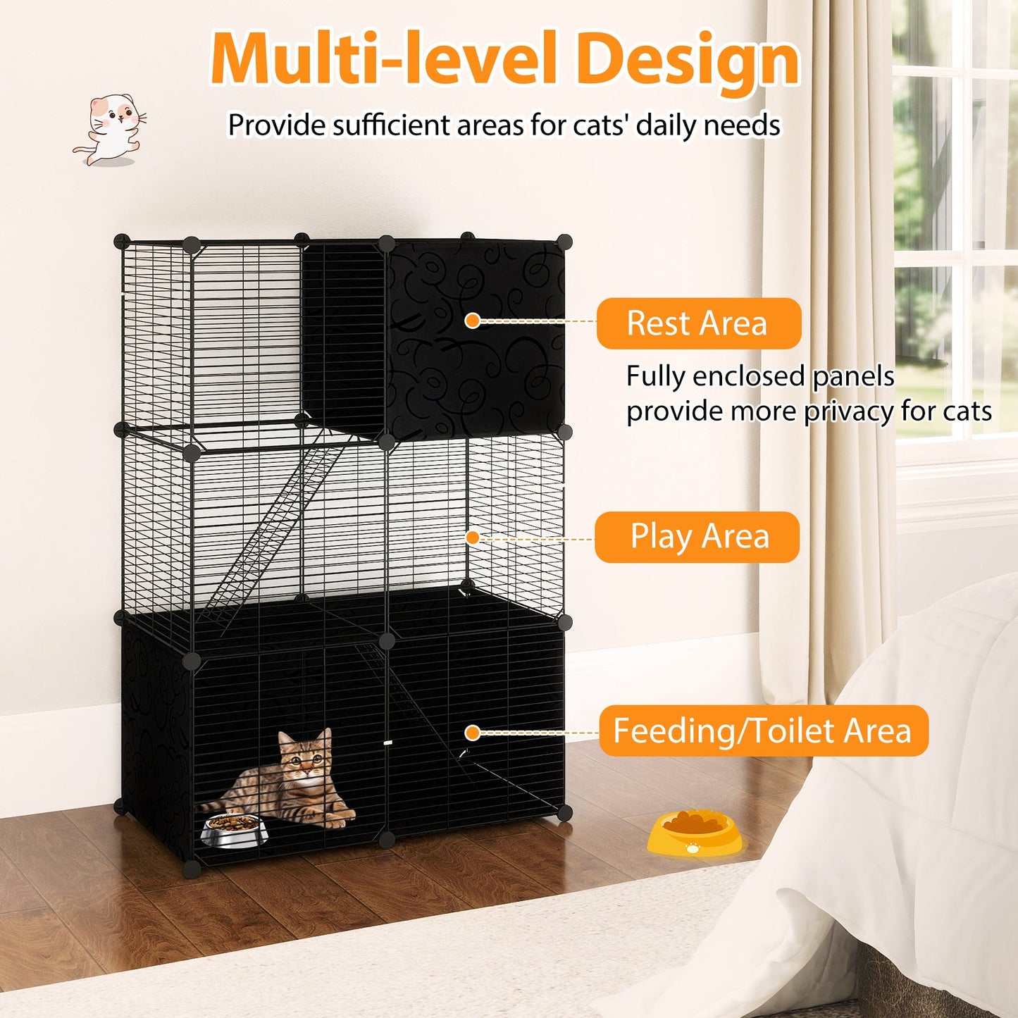 Multi-Level Cat Tower with 2-Door Condo and Hammock-Black
