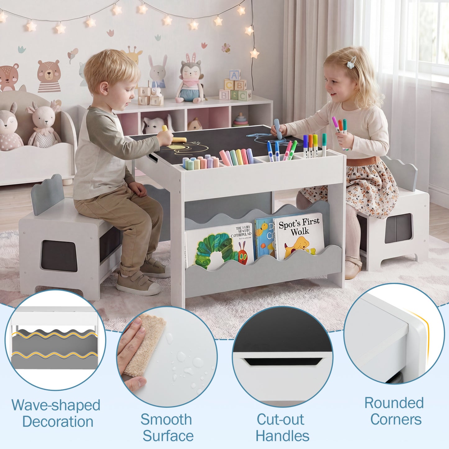Kids Activity Table and Chair Set with Reversible Tabletop