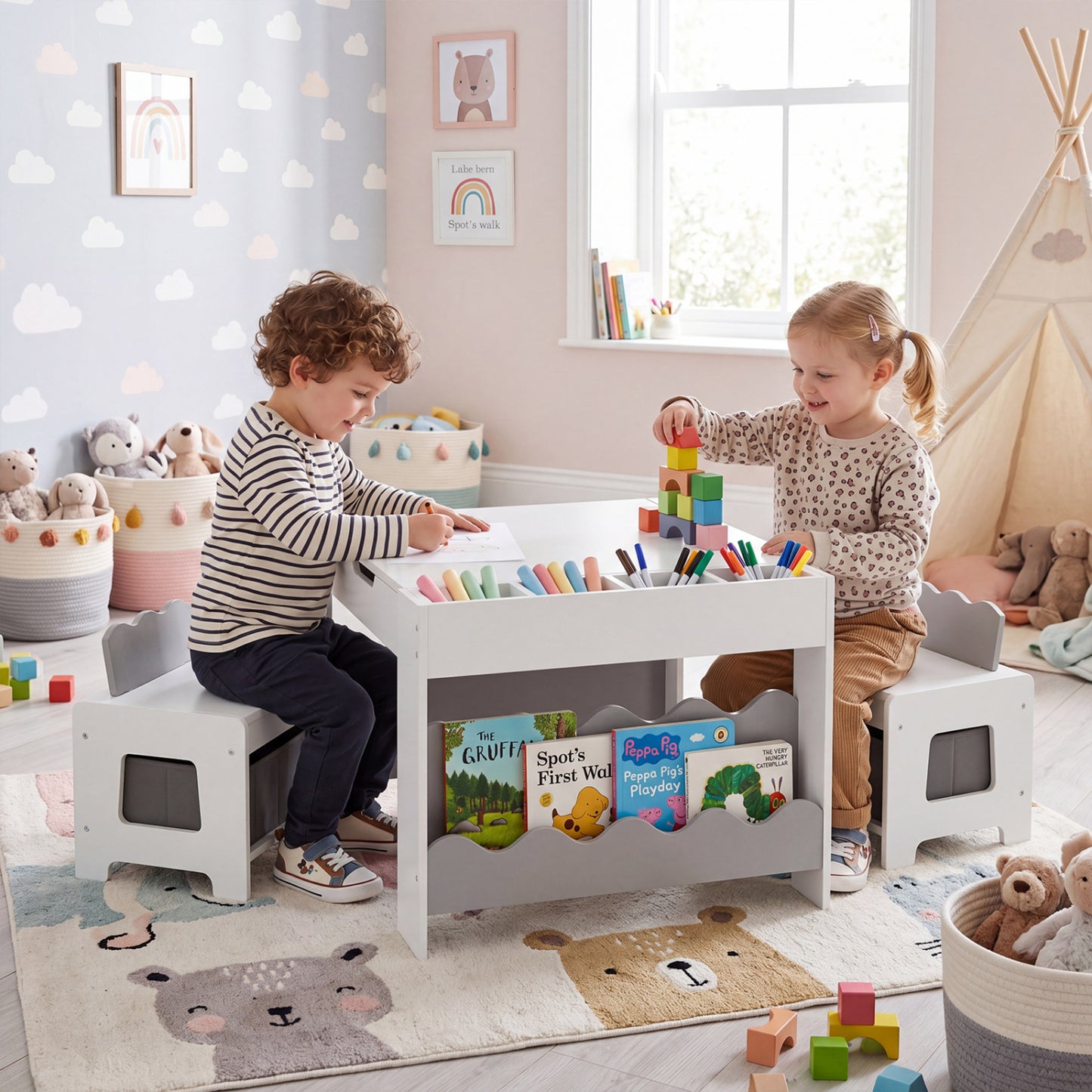 Kids Activity Table and Chair Set with Reversible Tabletop