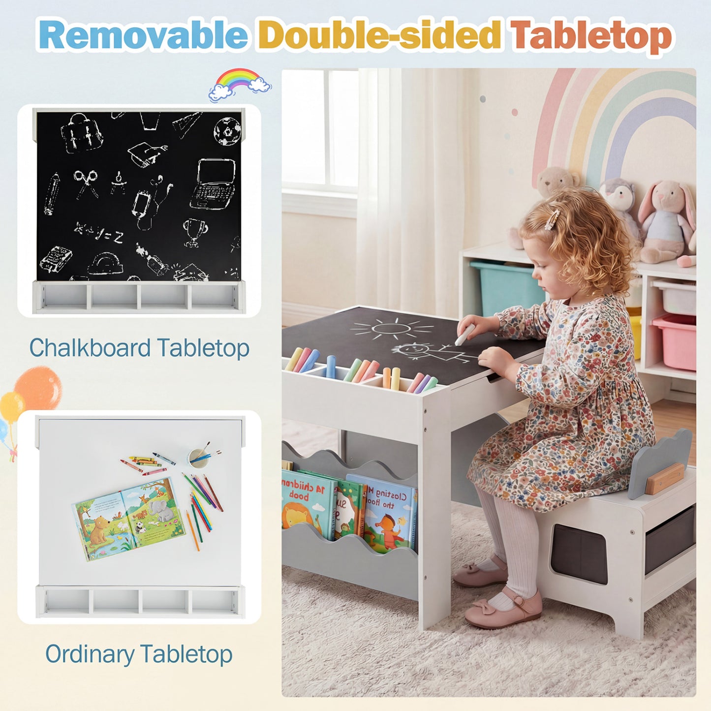 Kids Activity Table and Chair Set with Reversible Tabletop