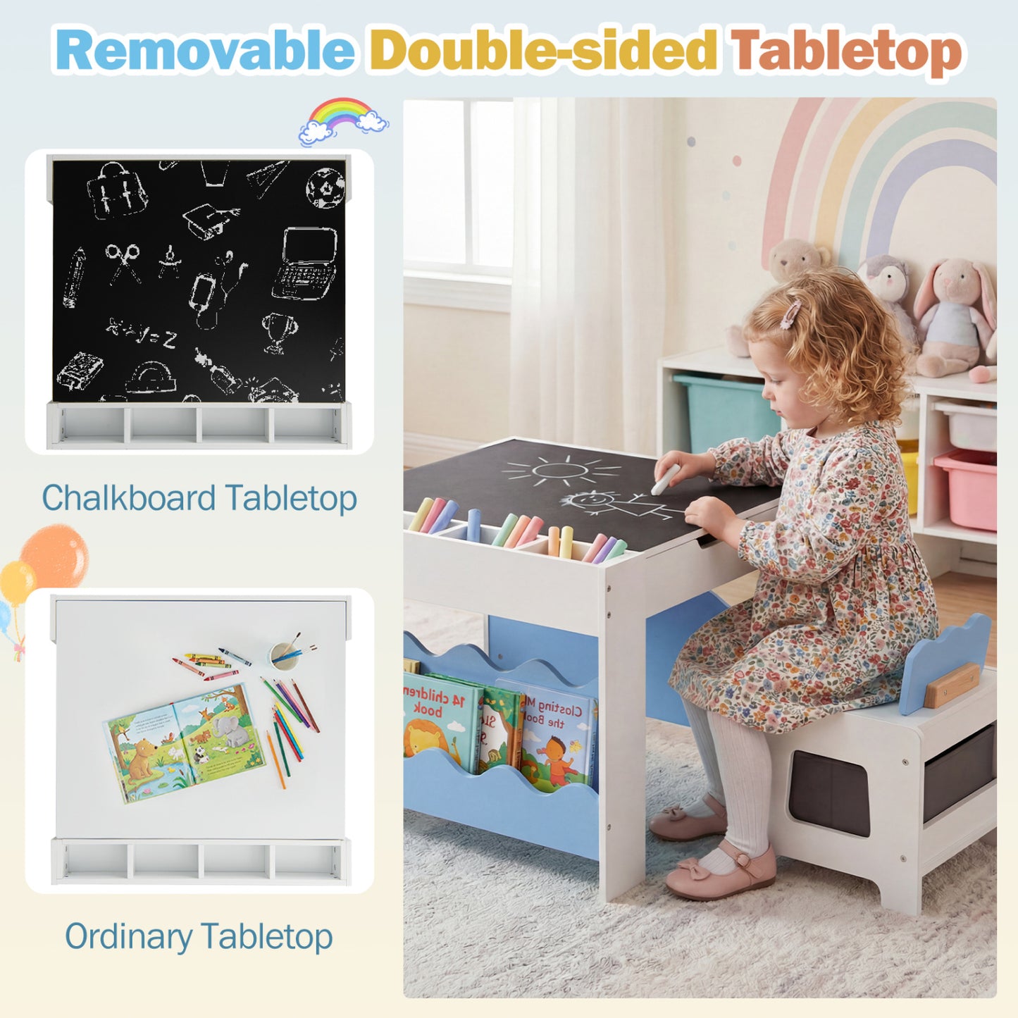 Kids Activity Table and Chair Set with Reversible Tabletop