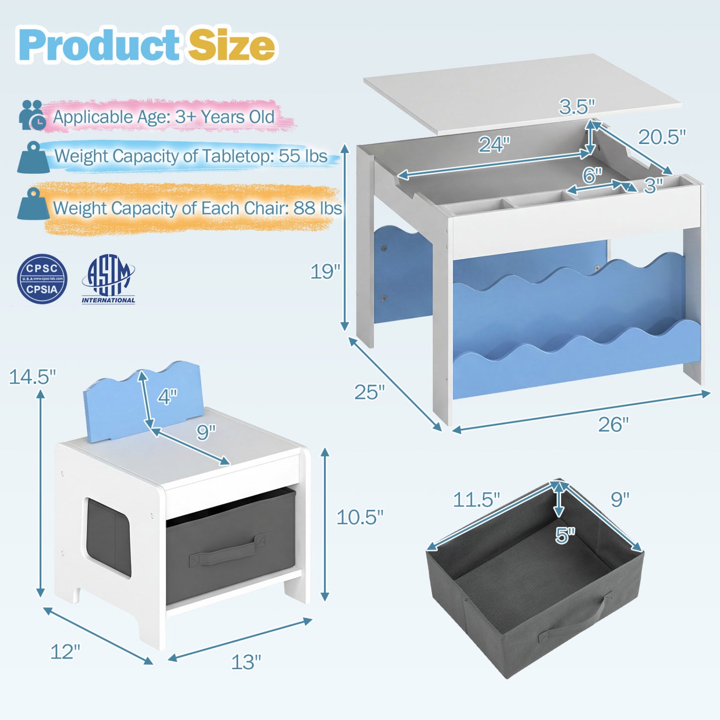 Kids Activity Table and Chair Set with Reversible Tabletop