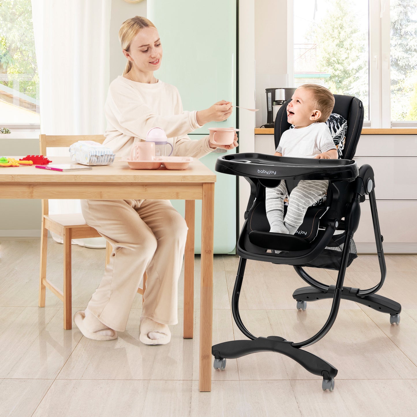 Folding Baby High Chair with Adjustable Height & Wheels