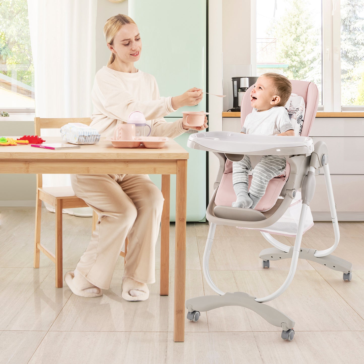 Folding Baby High Chair with Adjustable Height & Wheels