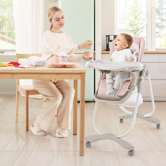 Folding Baby High Chair with Adjustable Height & Wheels