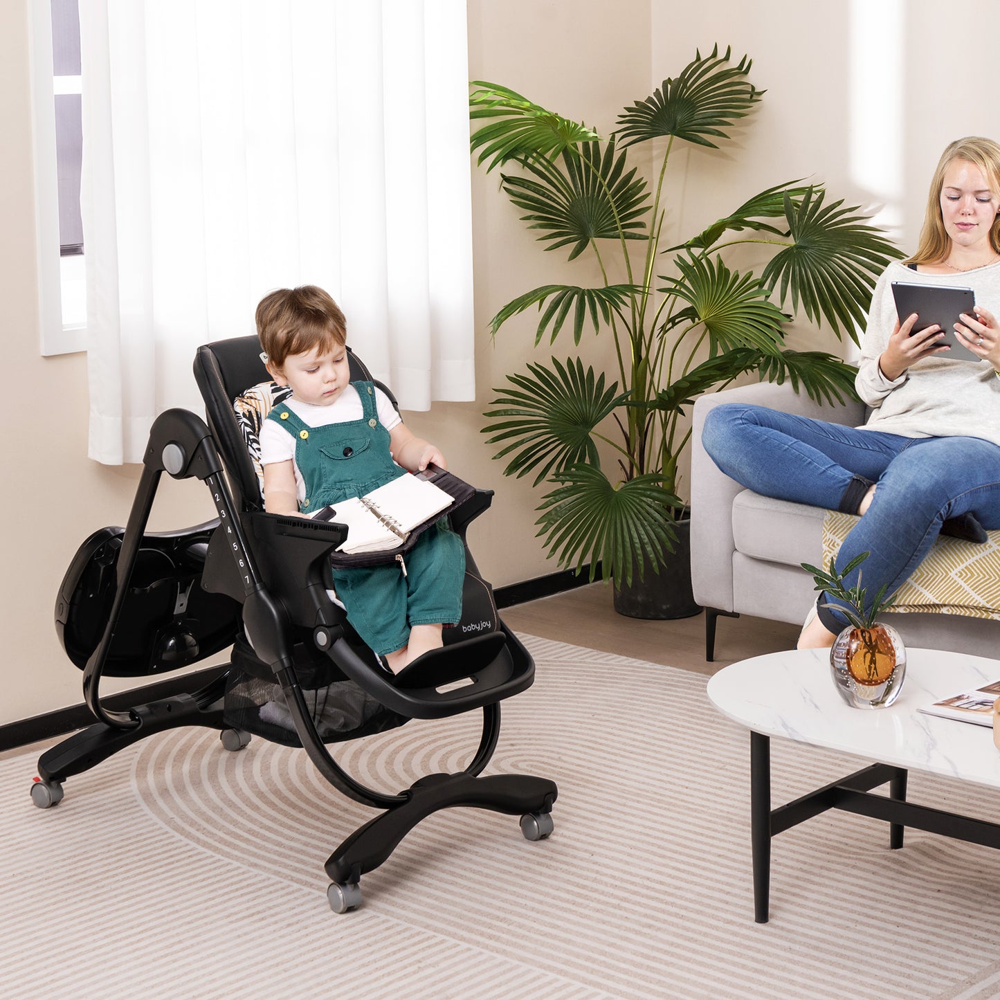 Folding Baby High Chair with Adjustable Height & Wheels