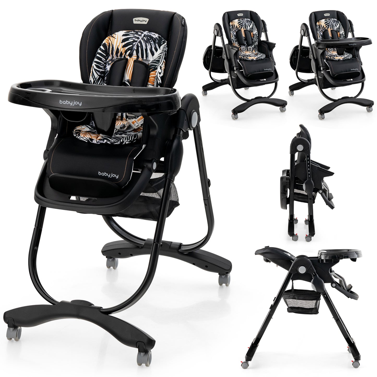 Folding Baby High Chair with Adjustable Height & Wheels