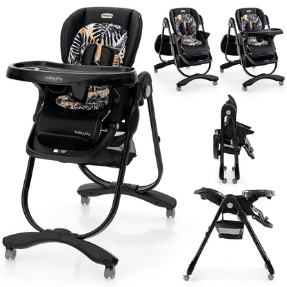 Folding Baby High Chair with Adjustable Height & Wheels