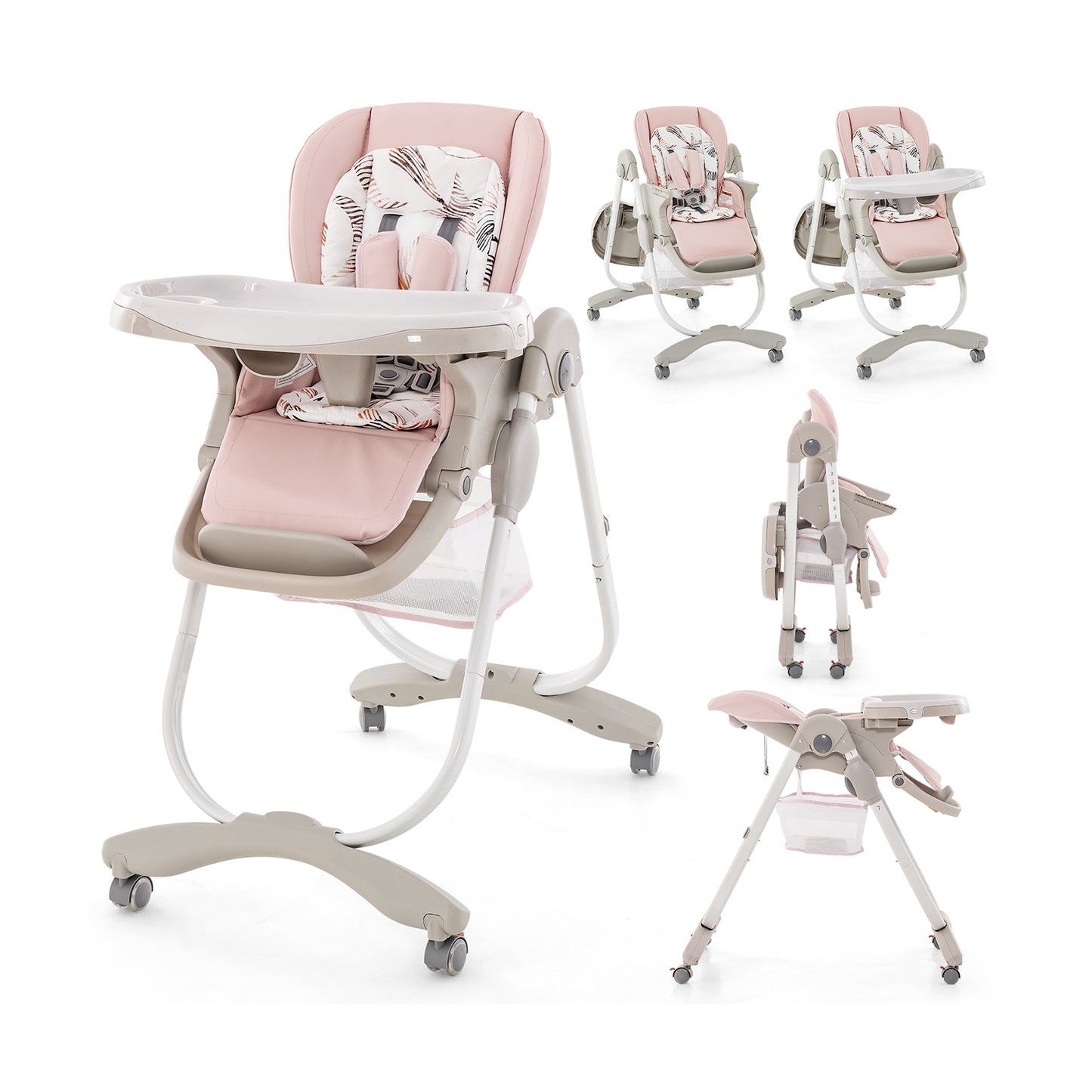 Folding Baby High Chair with Adjustable Height & Wheels