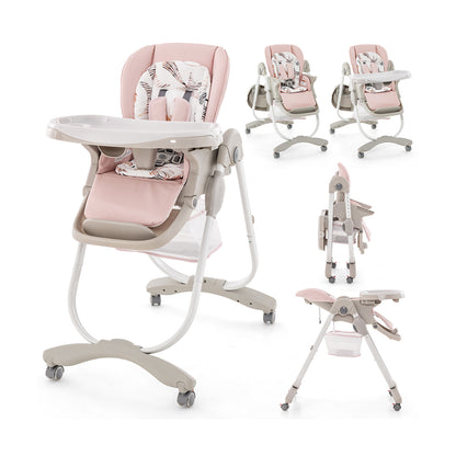 Folding Baby High Chair with Adjustable Height & Wheels