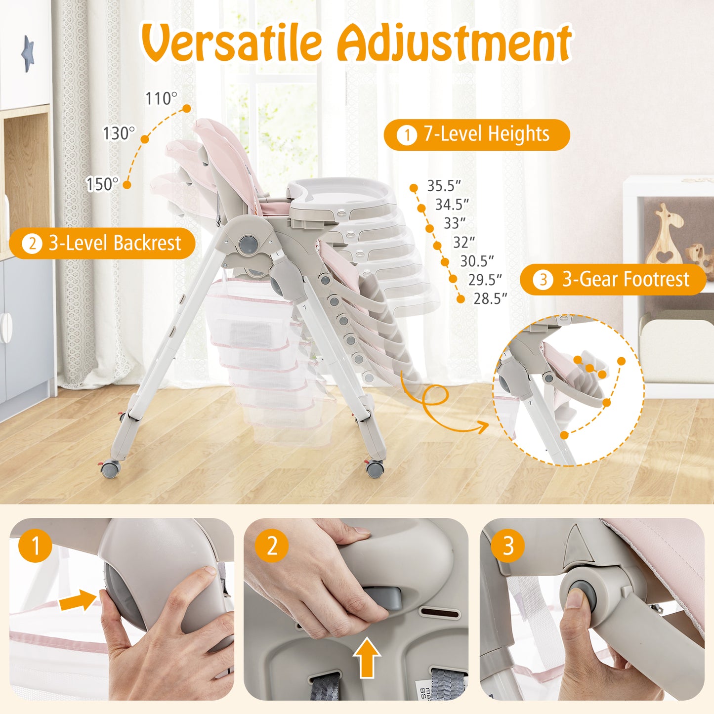 Folding Baby High Chair with Adjustable Height & Wheels