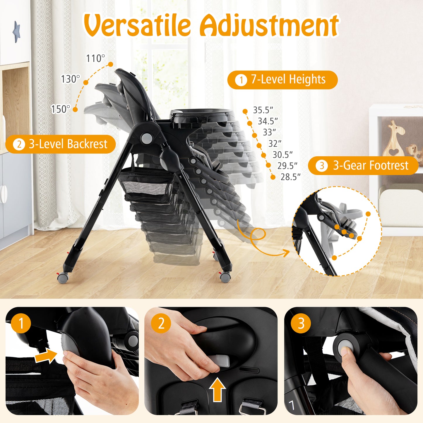 Folding Baby High Chair with Adjustable Height & Wheels