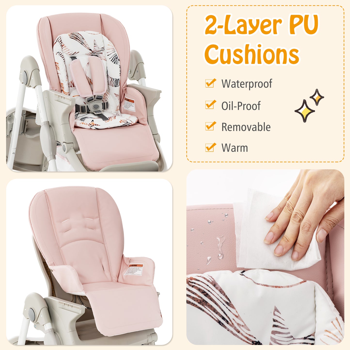Folding Baby High Chair with Adjustable Height & Wheels