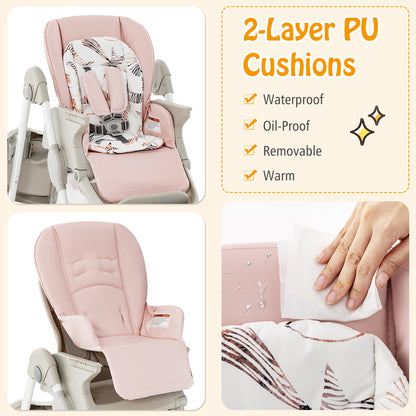 Folding Baby High Chair with Adjustable Height & Wheels