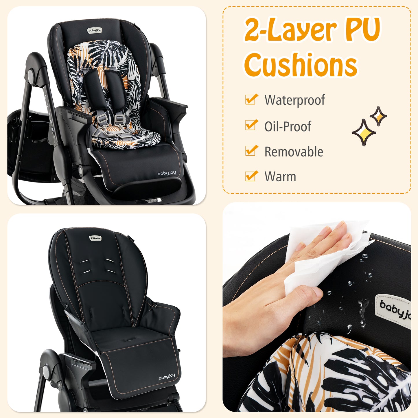 Folding Baby High Chair with Adjustable Height & Wheels