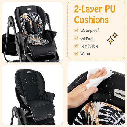 Folding Baby High Chair with Adjustable Height & Wheels