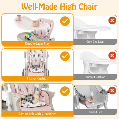Folding Baby High Chair with Adjustable Height & Wheels