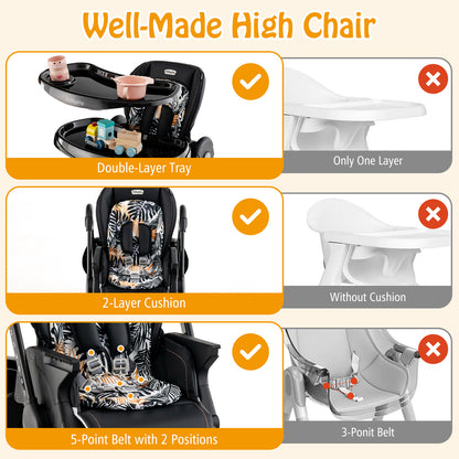 Folding Baby High Chair with Adjustable Height & Wheels