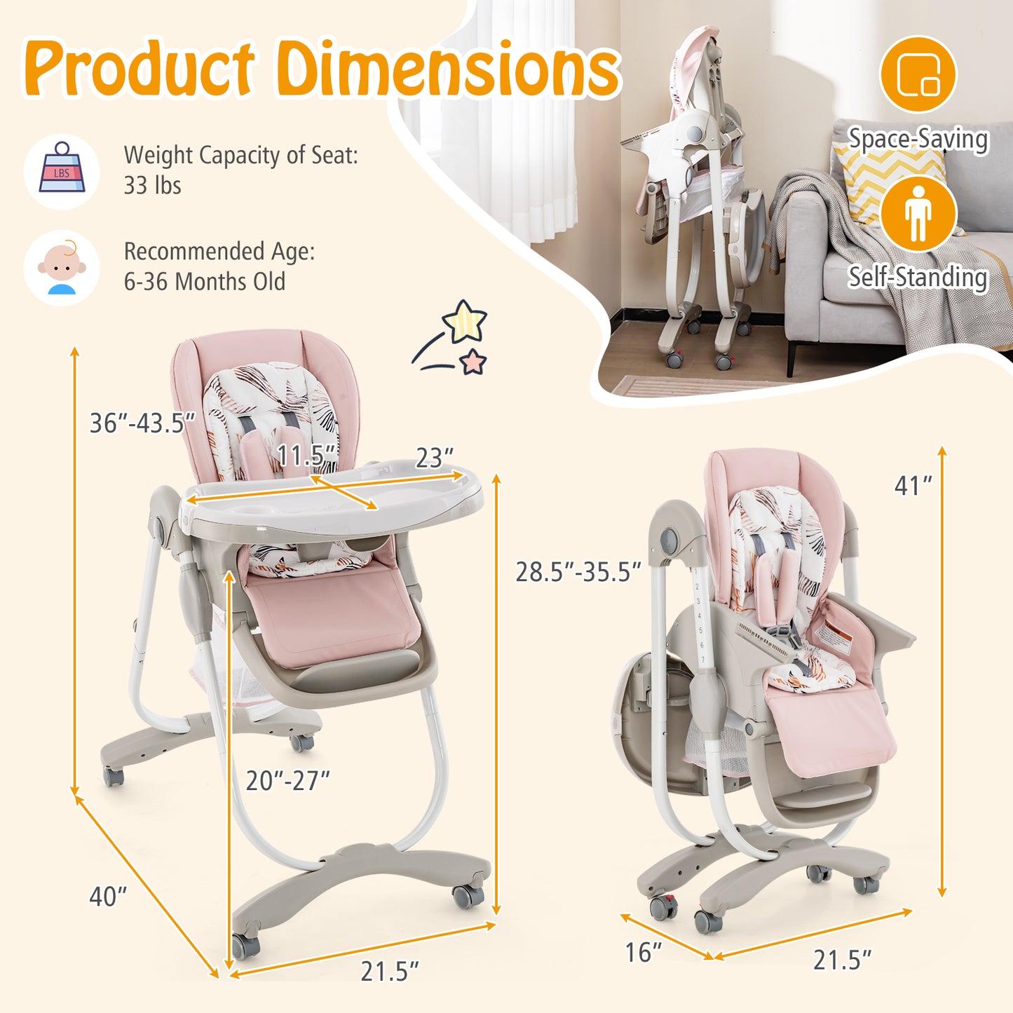 Folding Baby High Chair with Adjustable Height & Wheels