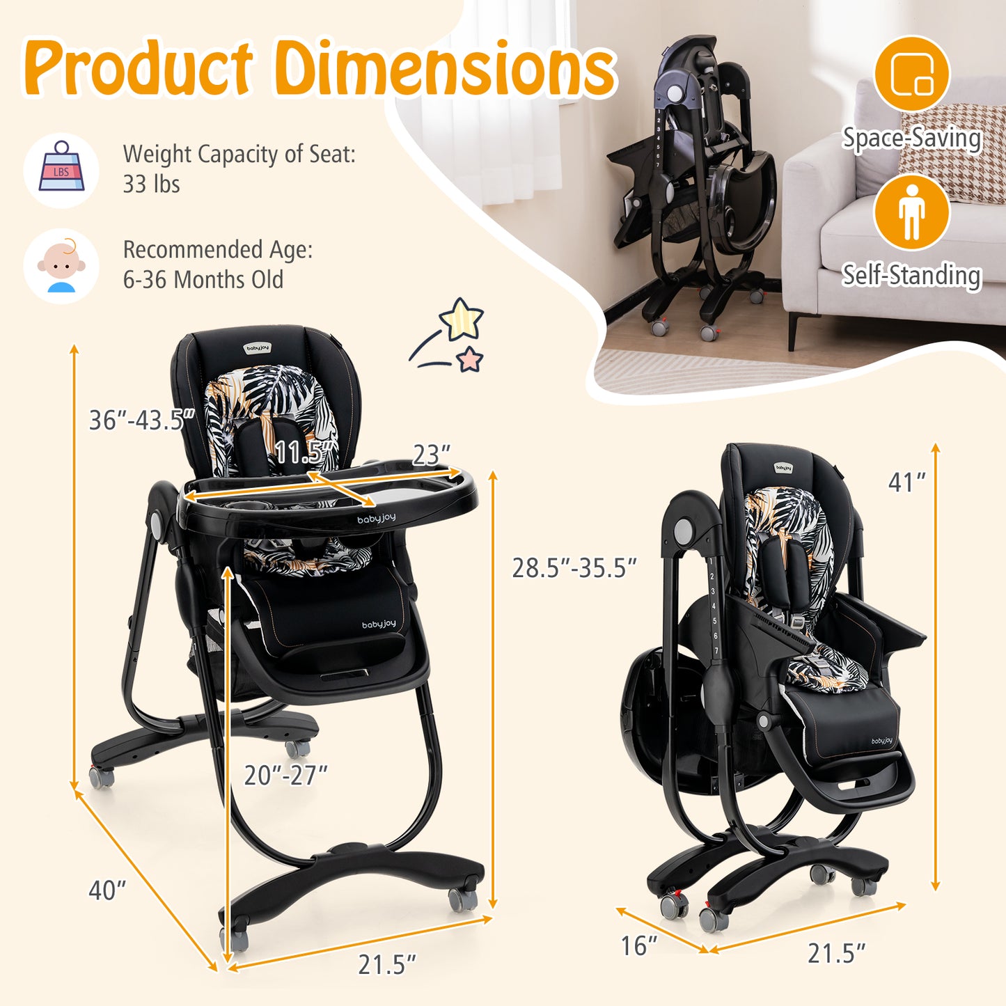 Folding Baby High Chair with Adjustable Height & Wheels