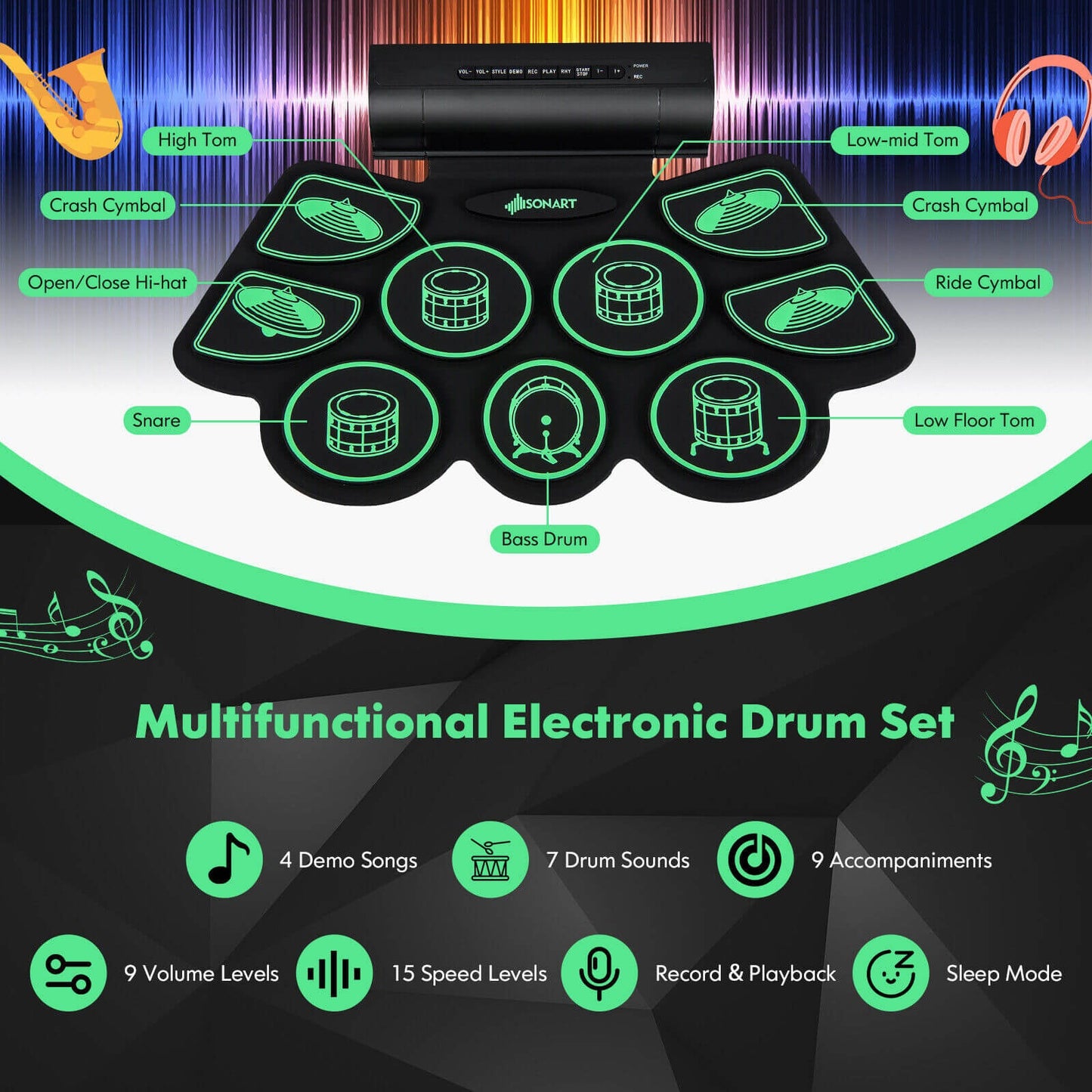 Electronic Drum Set with 2 Build-in Stereo Speakers for Kids