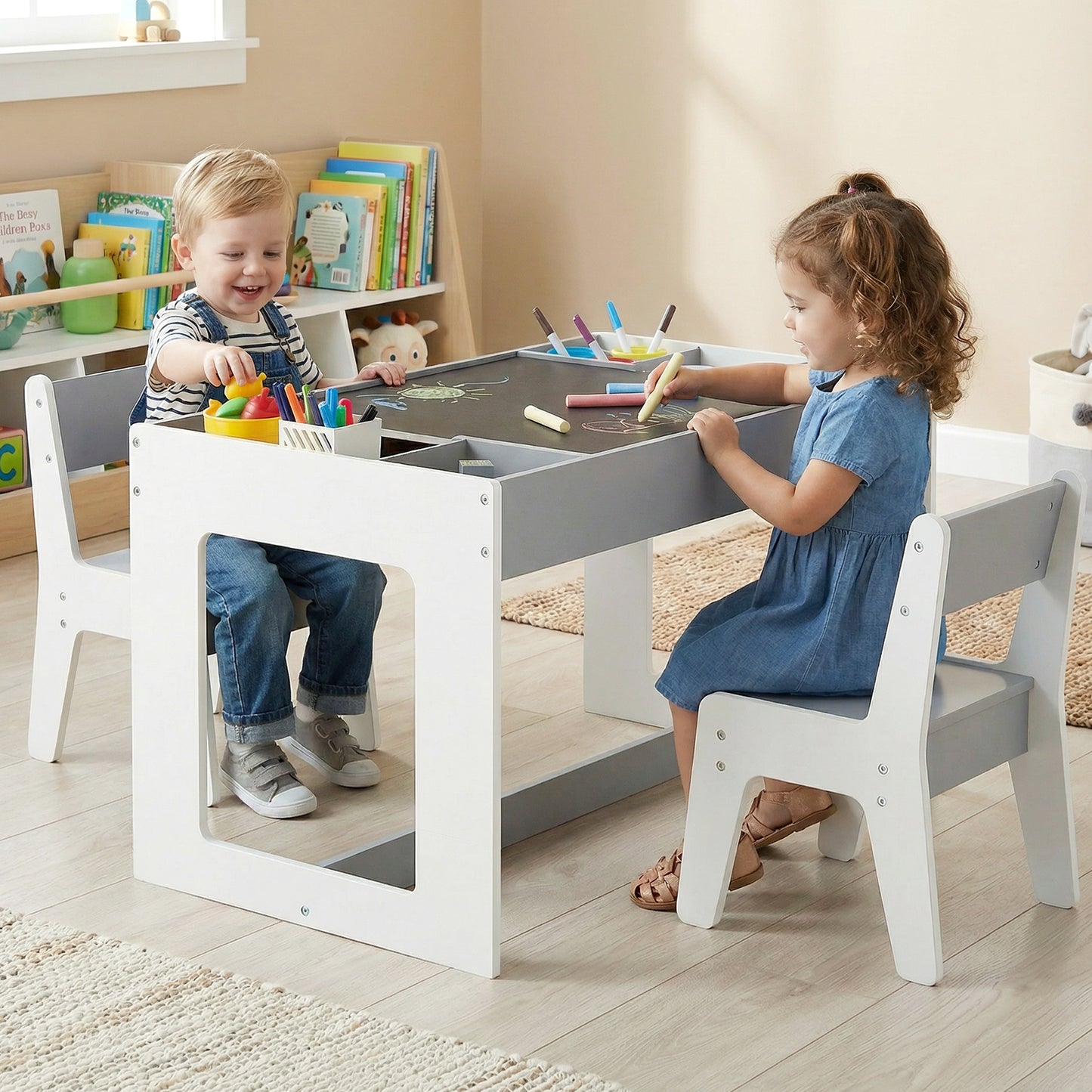 Kids Table and 2 Chairs Set with Double-Sided Chalkboard