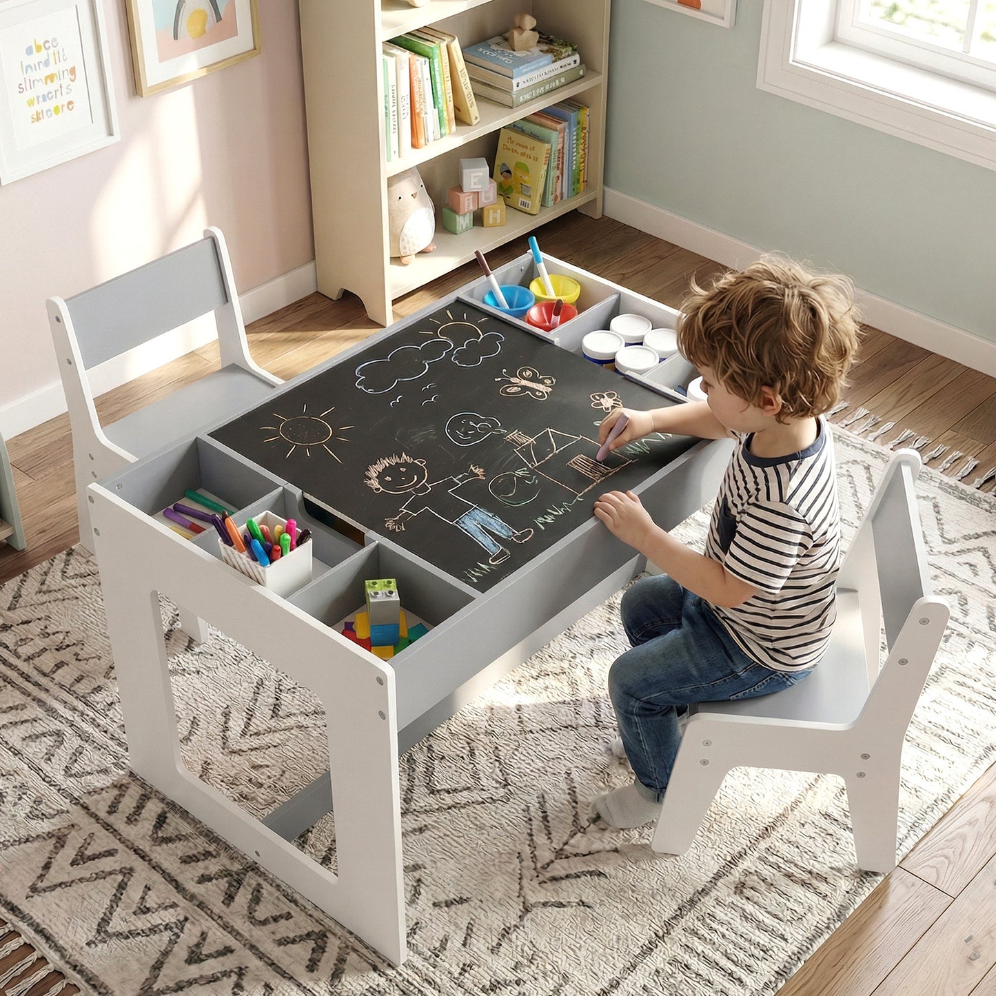 Kids Table and 2 Chairs Set with Double-Sided Chalkboard