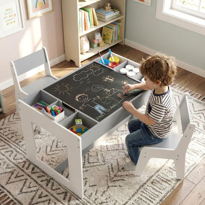 Kids Table and 2 Chairs Set with Double-Sided Chalkboard